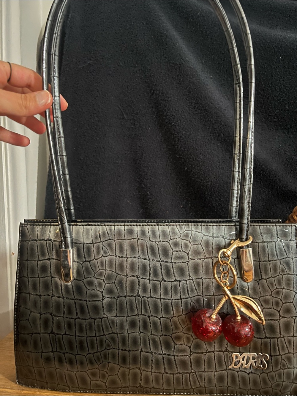 Vintage Black Croc-Embossed Shoulder Bag with Cherry Charm